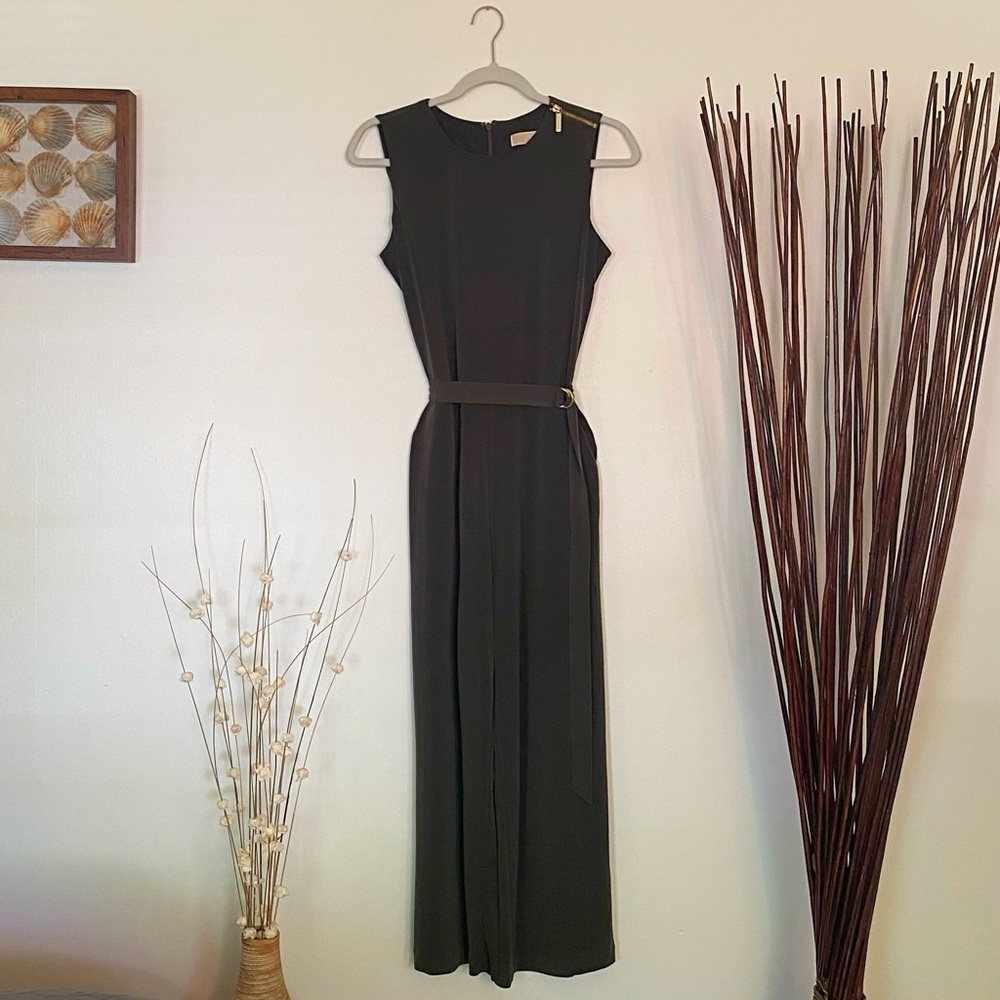 Michael Kors | Olive Green Maxi Jumpsuit with Gold Details - Medium